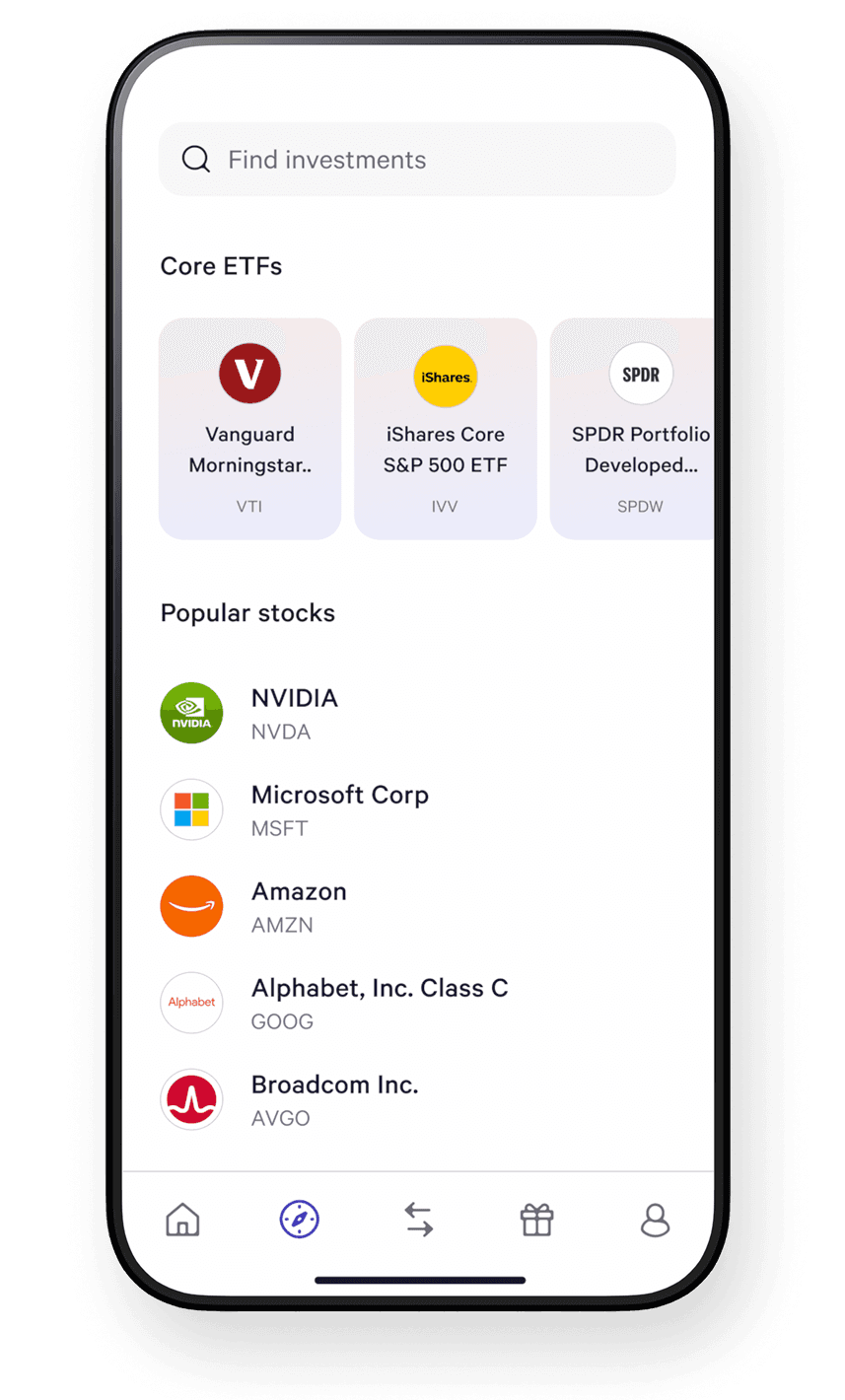 Wealthfront app showing core ETFs and popular stocks