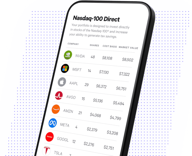 Nasdaq-100 Direct app showing stock portfolio