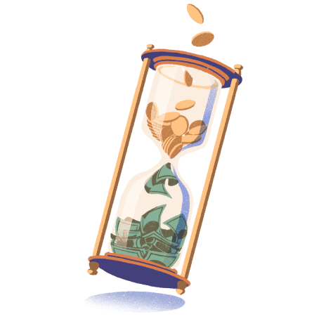 Illustration of an hourglass with coins falling through the top chamber and dollar bills filling up the bottom chamber.