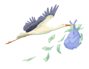 a stork with a bag of cash